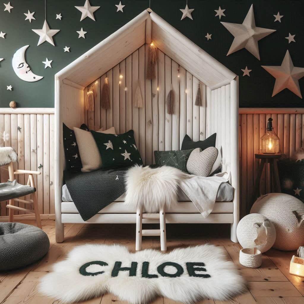 Une chambre de petite fille qui se nomme chloe avec un lit cabane un tapis de fourrure style scandinave coussins en forme d etoiles coussins en forme de lune chloe est brode sur un
