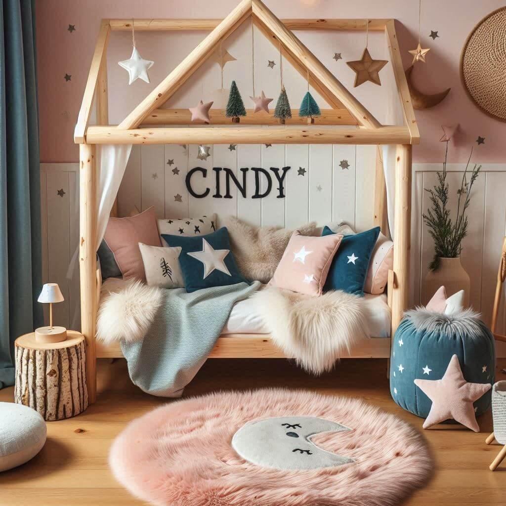 Une chambre de petite fille qui se nomme cindy avec un lit cabane un tapis de fourure style scandinave coussins en forme detoiles coussins en forme de lune cindy est brode sur un c
