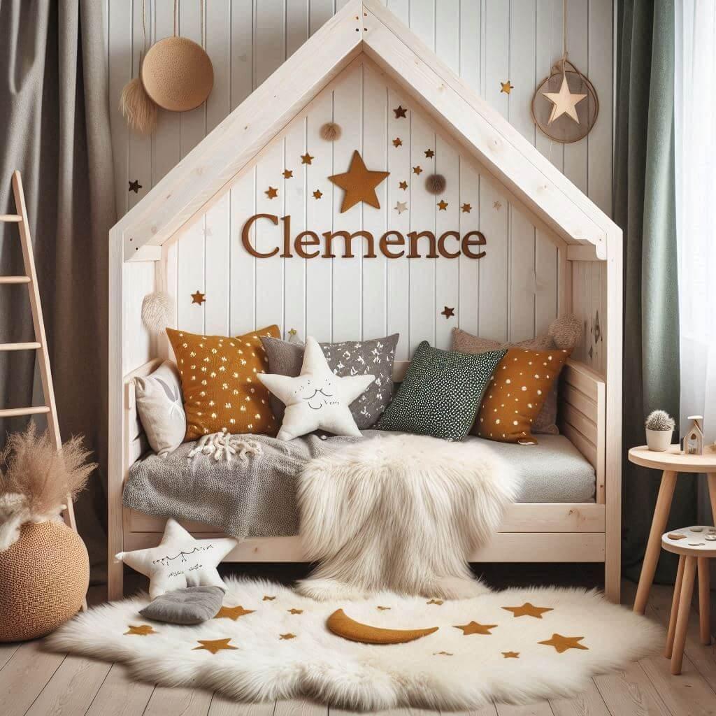 Une chambre de petite fille qui se nomme clemence avec un lit cabane un tapis de fourrure style scandinave coussins en forme d etoiles coussins en forme de lune clemence est brode