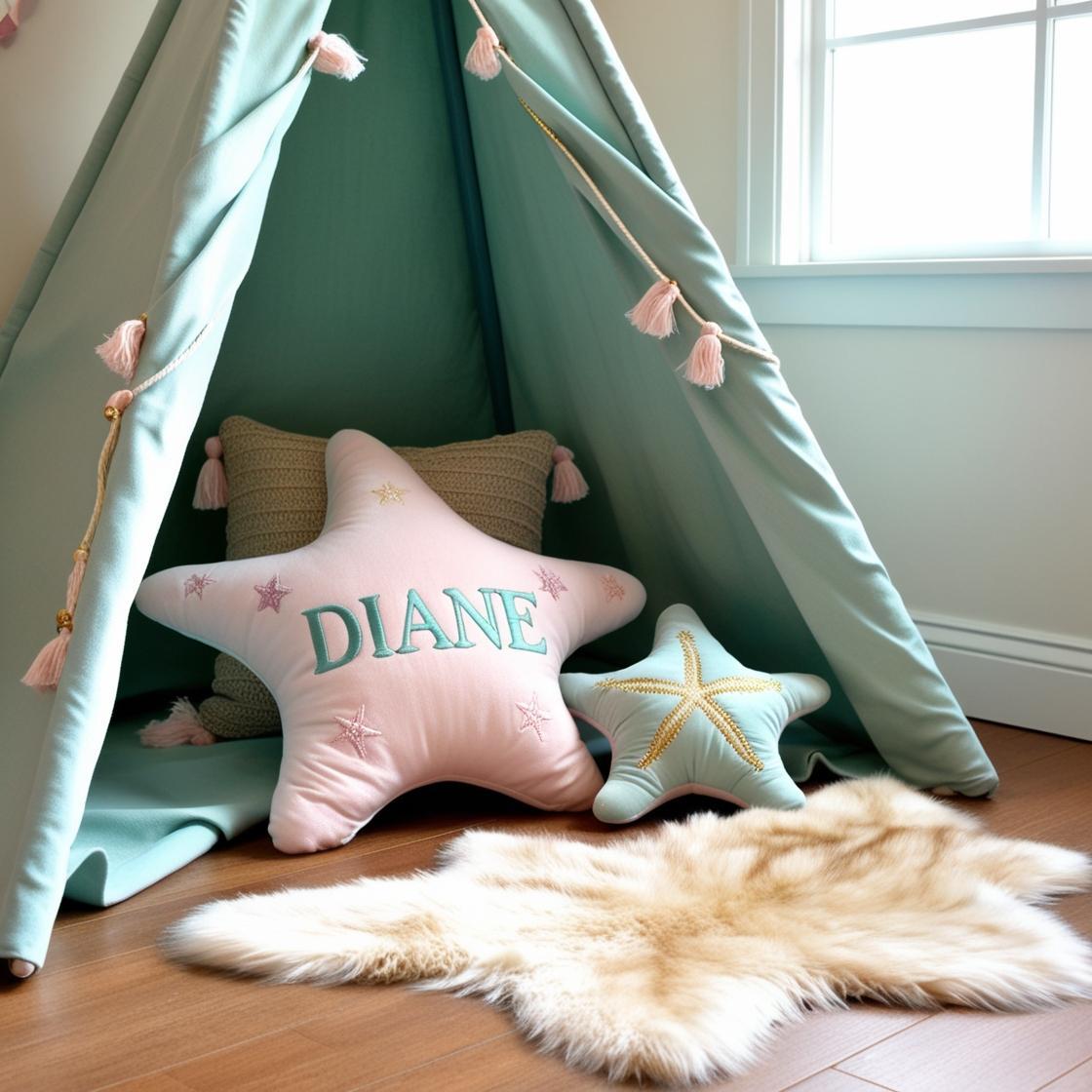 Une chambre de petite fille qui se nomme diane avec un lit tipi et il y a un tapis de fourrure coussins en forme d etoiles de mer diane est brode sur un coussin couleurs vert d eau