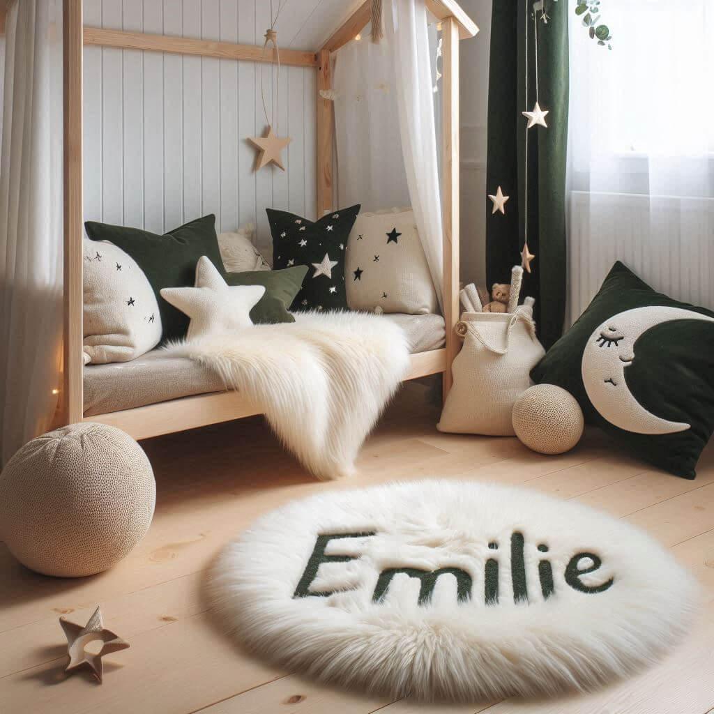 Une chambre de petite fille qui se nomme emilie avec un lit cabane un tapis de fourrure style scandinave coussins en forme d etoiles coussins en forme de lune emilie est brode sur