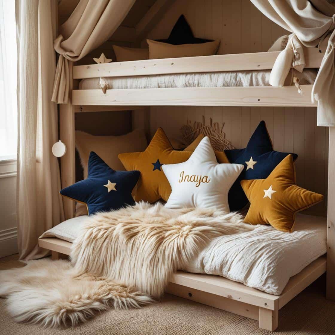 Une chambre de petite fille qui se nomme inaya avec un lit cabane un tapis de fourrure style scandinave coussins en forme d etoiles coussins en forme de lune couleurs bleu fonce mo