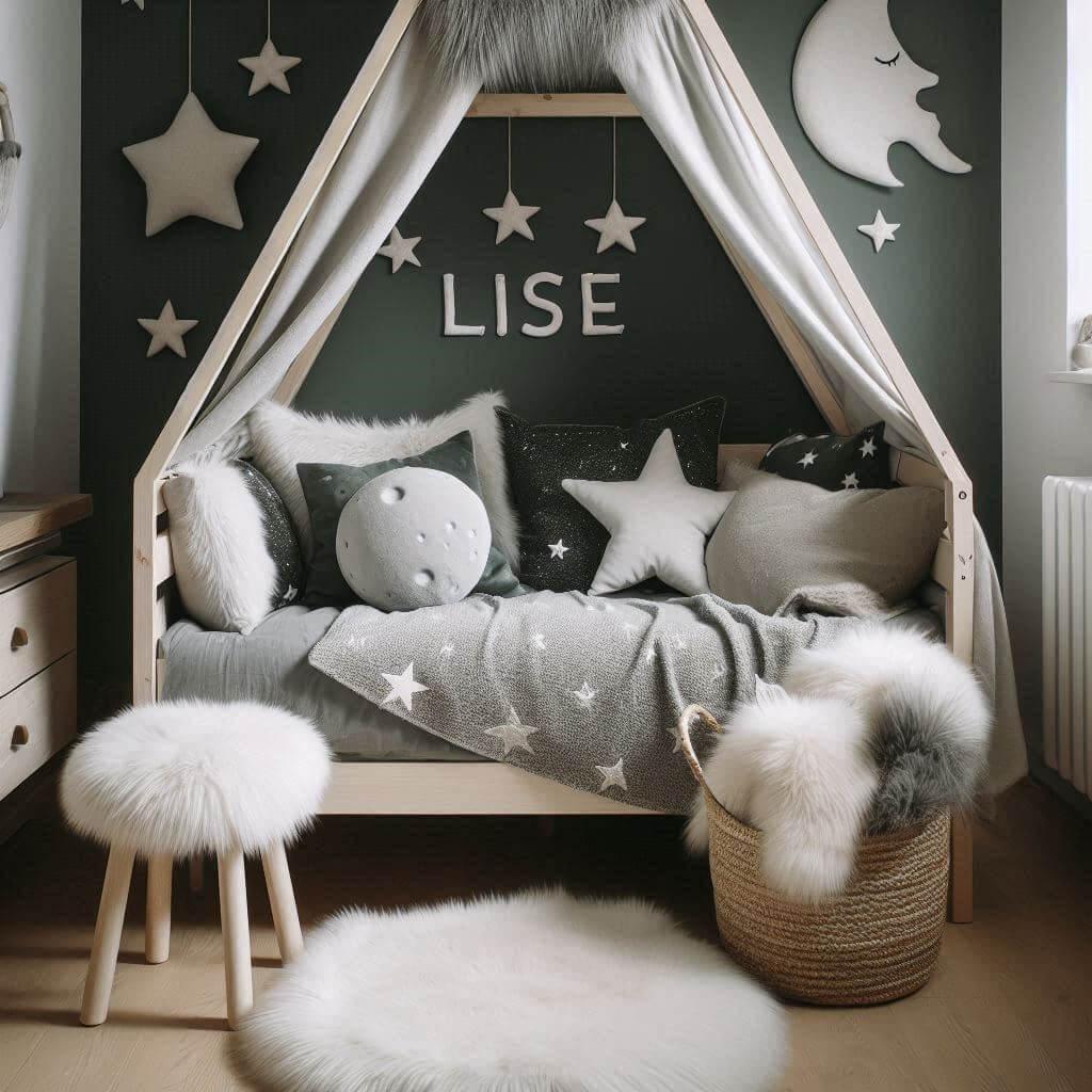 Une chambre de petite fille qui se nomme lise avec un lit cabane un tapis de fourrure style scandinave coussins en forme d etoiles coussins en forme de lune lise est brode sur un c
