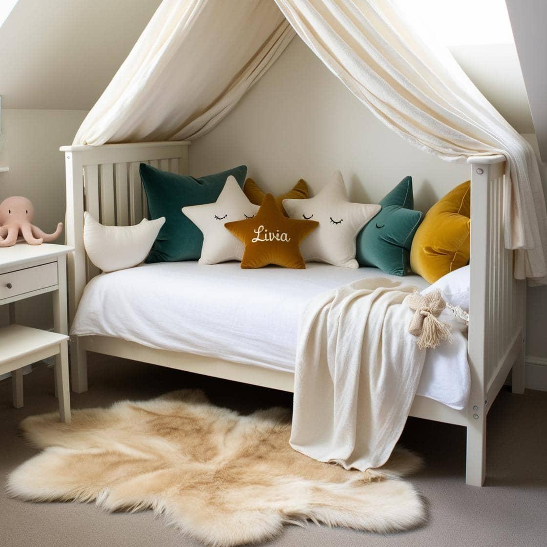 Une chambre de petite fille qui se nomme livia avec un lit cabane un tapis de fourrure style vintage coussins en forme d etoiles coussins en forme de lune livia est brode sur un co