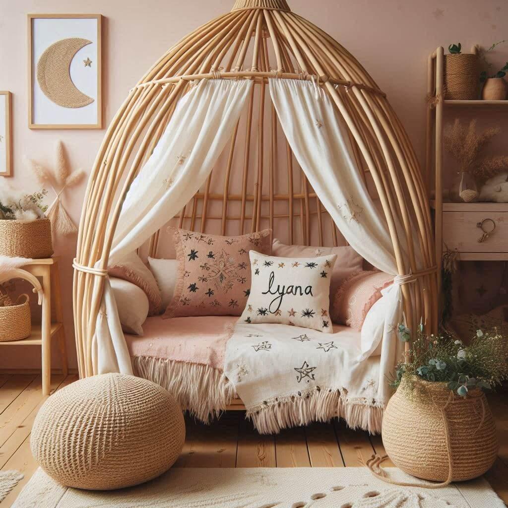 Une chambre de petite fille qui se nomme lyana avec un lit cabane en rotin un tapis en laine moelleuse style boheme chic une deco douce et naturelle des coussins en lin brode en fo