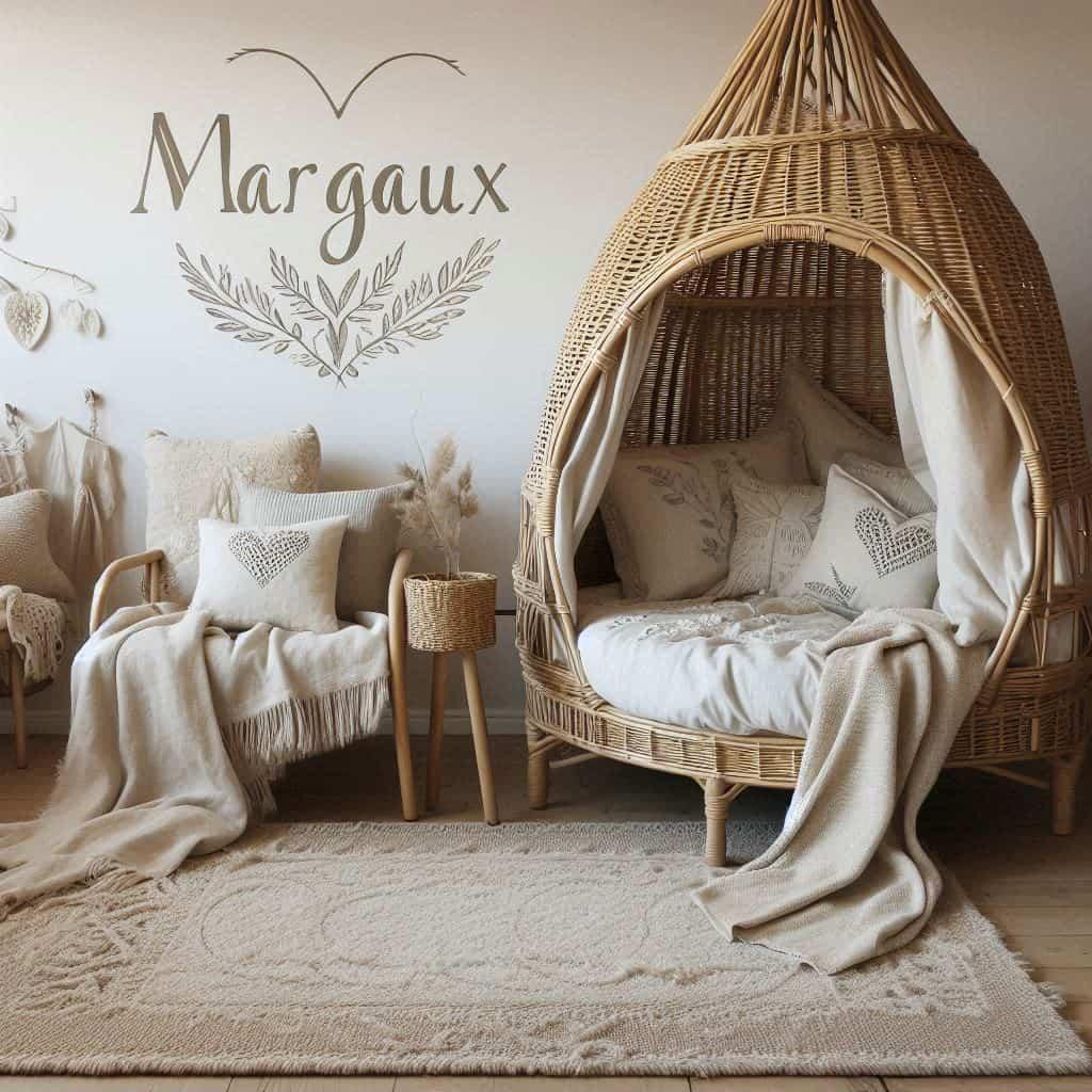 Une chambre de petite fille qui se nomme margaux avec un lit cabane en rotin un tapis en laine moelleuse style boheme chic
