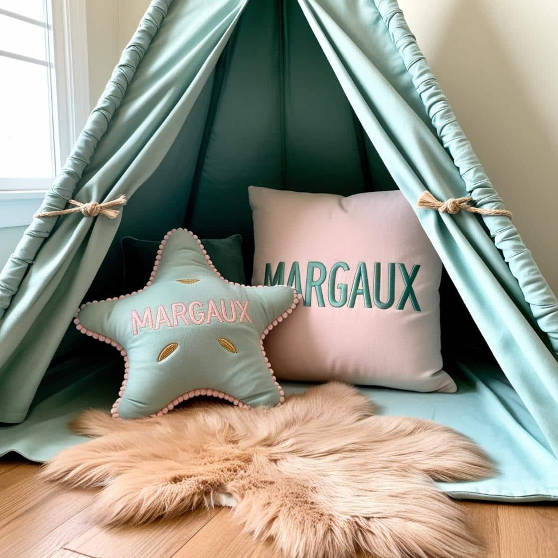 Une chambre de petite fille qui se nomme margaux avec un lit tipi et il y a un tapis de fourrure coussins en forme d etoiles de mer margaux est brode sur un coussin couleurs vert d