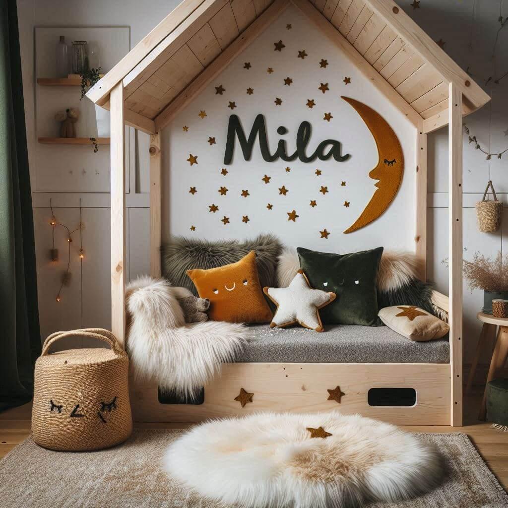 Une chambre de petite fille qui se nomme mila avec un lit cabane un tapis de fourrure style scandinave coussins en forme d etoiles coussins en forme de lune mila est brode sur un c