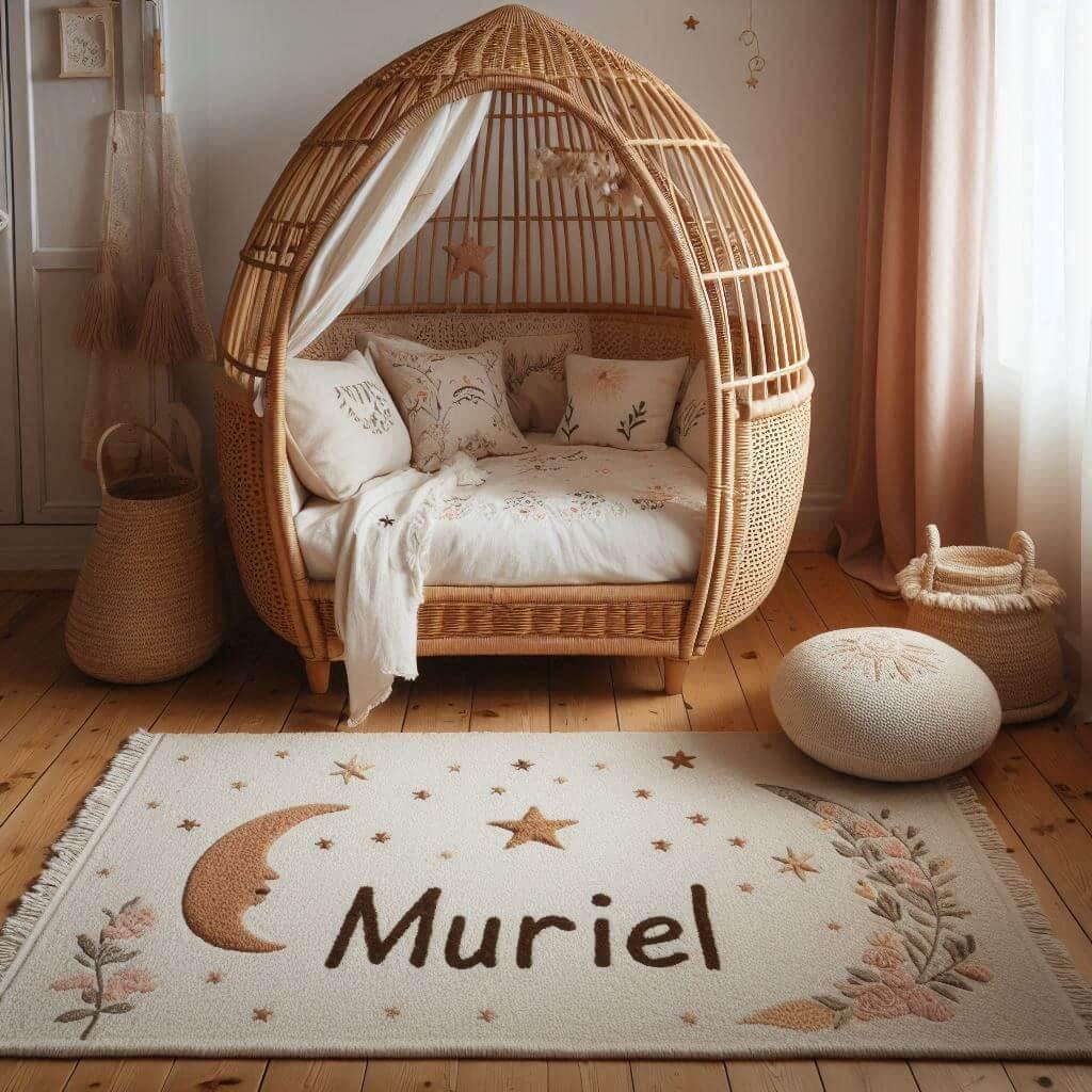 Une chambre de petite fille qui se nomme muriel avec un lit cabane en rotin un tapis en laine moelleuse style boheme chic une deco douce et naturelle des coussins en lin brode en f