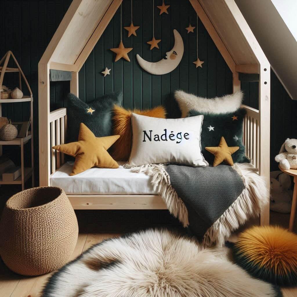Une chambre de petite fille qui se nomme nadege ecrit en francais avec un lit cabane un tapis de fourrure style scandinave coussins en forme d etoiles coussins en forme de lune nad