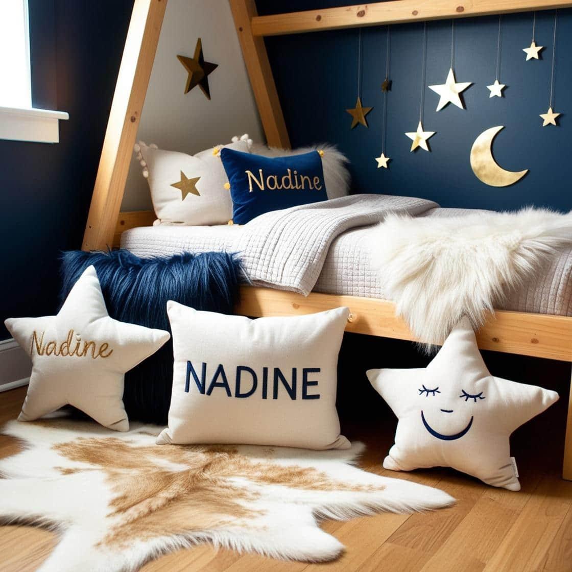 Une chambre de petite fille qui se nomme nadine avec un lit cabane un tapis de fourrure style scandinave coussins en forme d etoiles coussins en forme de lune nadine est brode sur