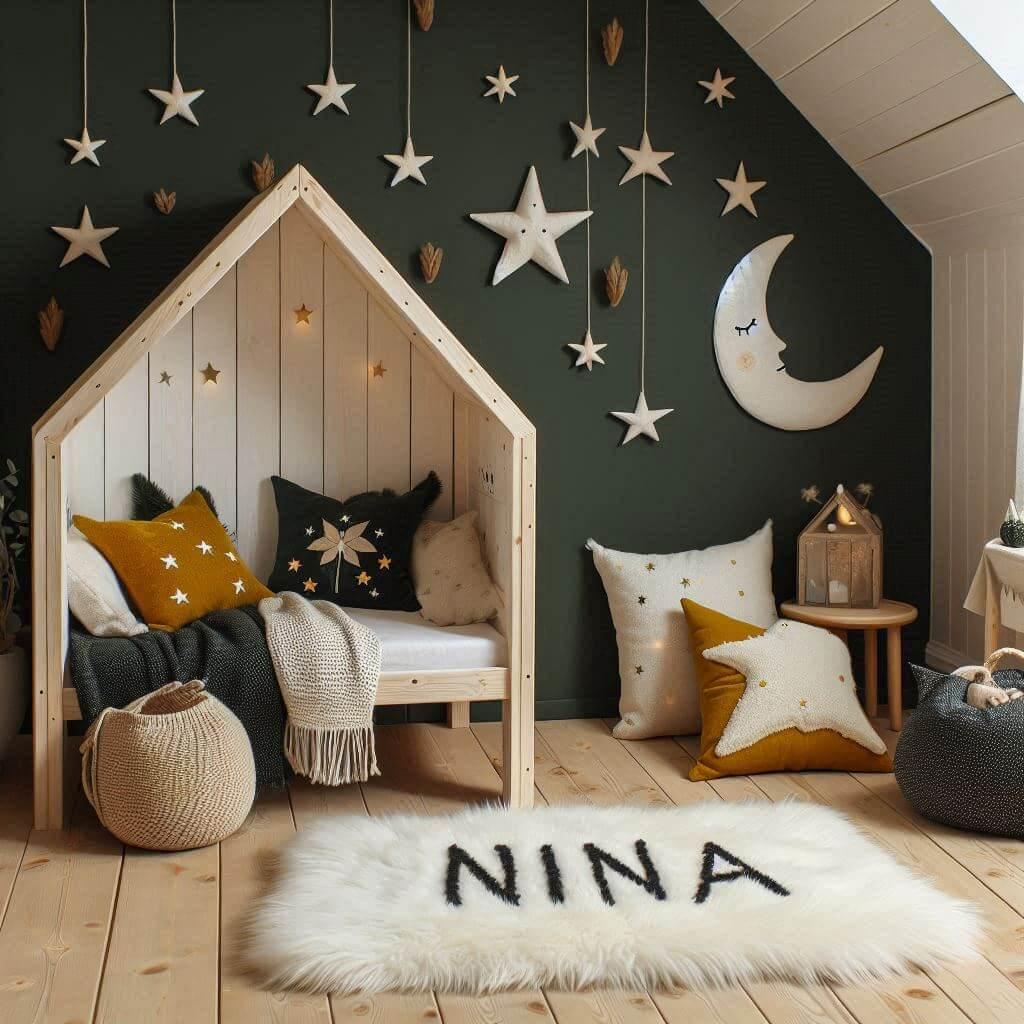 Une chambre de petite fille qui se nomme nina avec un lit cabane un tapis de fourrure style scandinave coussins en forme d etoiles coussins en forme de lune nina est brode sur un c
