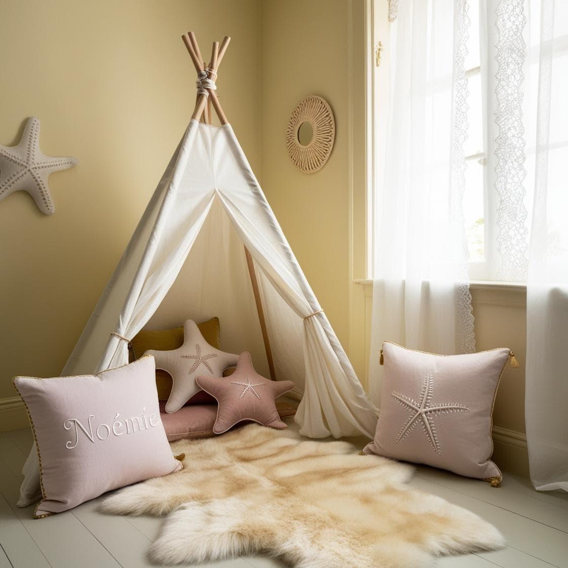 Une chambre de petite fille qui se nomme noemie avec un lit tipi et il y a un tapis de fourrure coussins en forme d etoiles de mer noemie est brode sur un coussin couleurs blanc ro