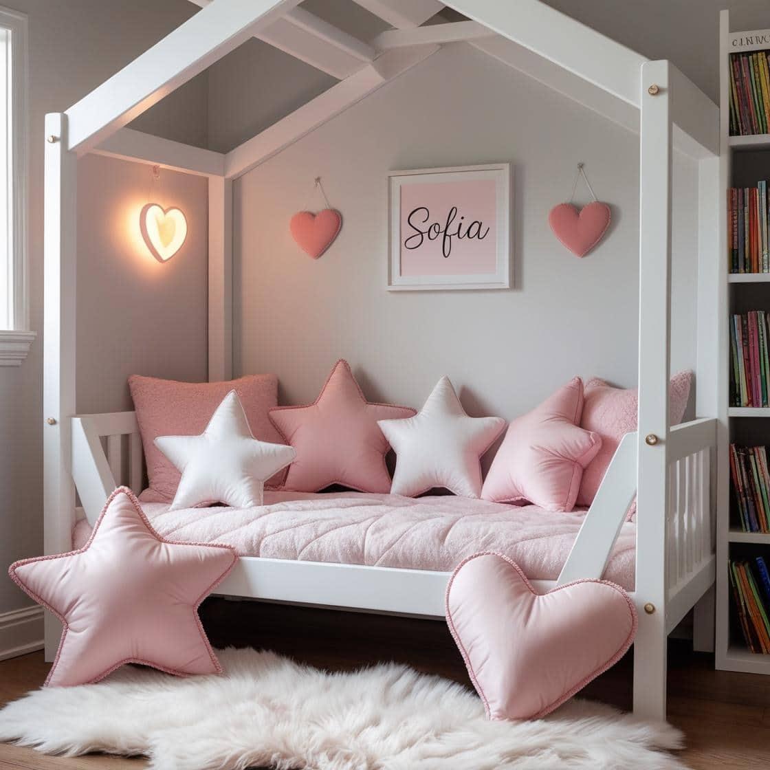 Une chambre de petite fille qui se nomme sofia avec un lit cabane blanc un tapis de fourrure style scandinave 3 coussins en forme d etoiles coussins en forme de lune en forme de co