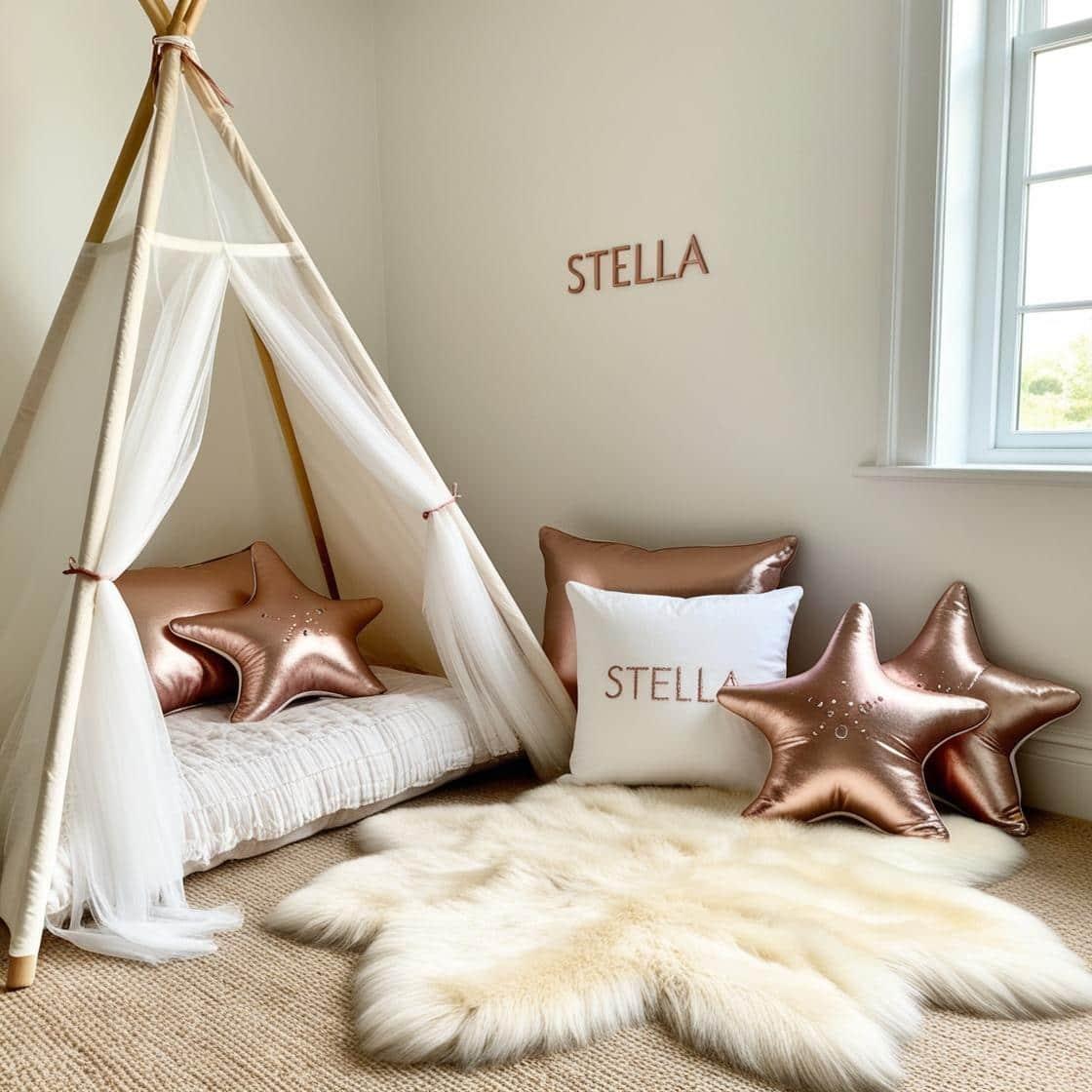Une chambre de petite fille qui se nomme stella avec un lit tipi et il y a un tapis de fourrure coussins en forme d etoiles de mer stella est brode sur un coussin couleurs blanc ro