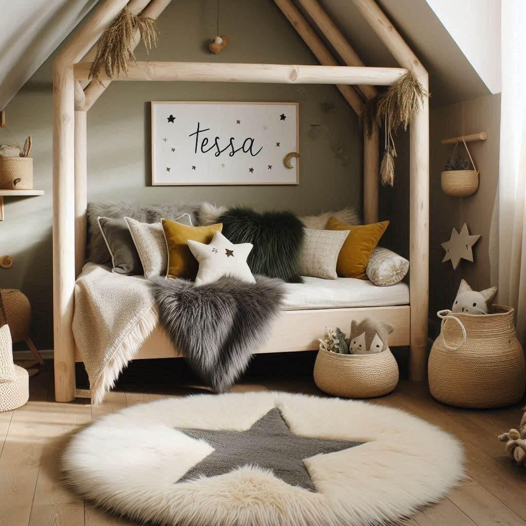 Une chambre de petite fille qui se nomme tessa avec un lit cabane un tapis de fourrure style scandinave coussins en forme d etoiles coussins en forme de lune tessa est brode sur un
