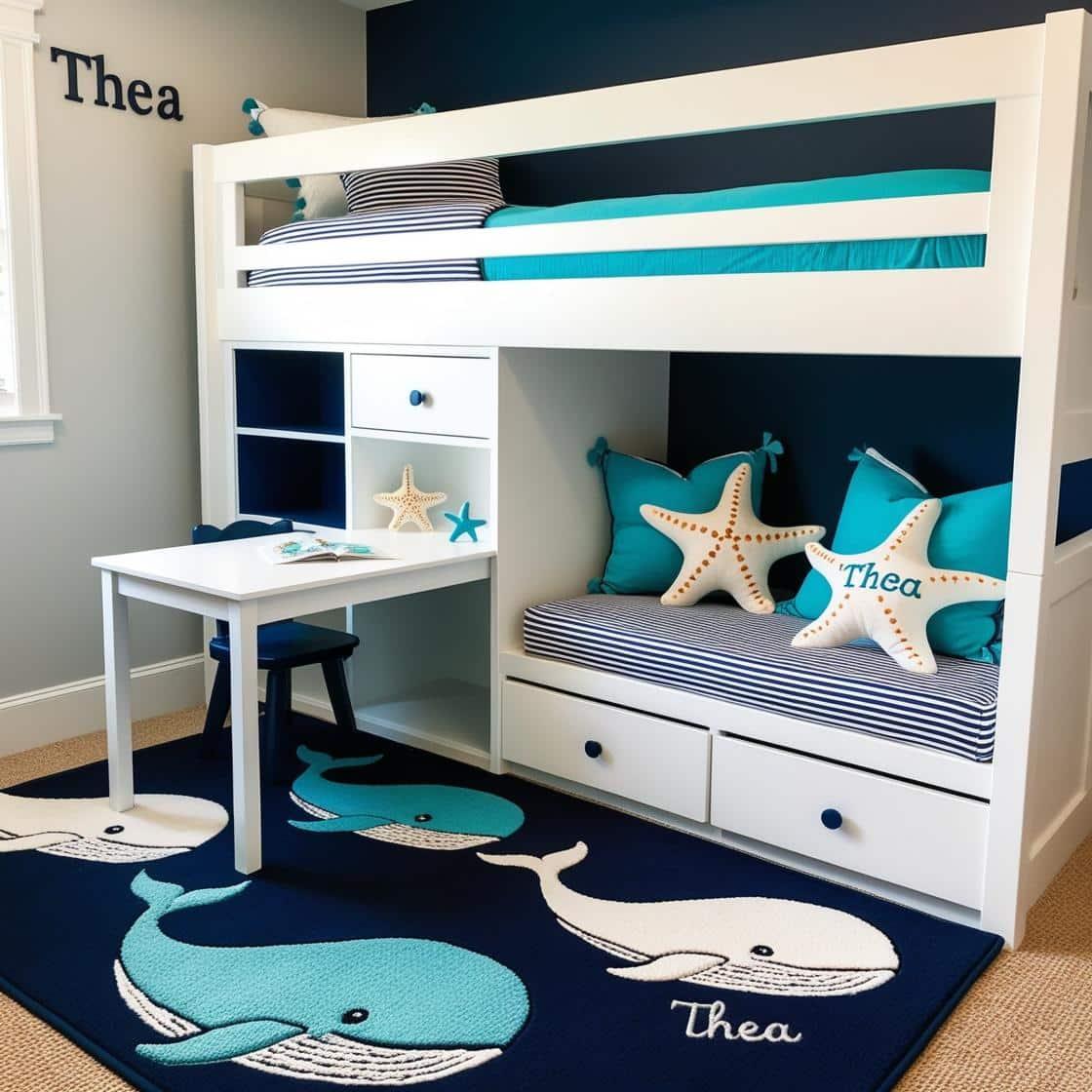 Une chambre de petite fille qui se nomme thea avec un lit mezanine avec un bureau en dessous pour jouer et il y a un tapis de motif baleine coussins en forme d etoiles de mer thea