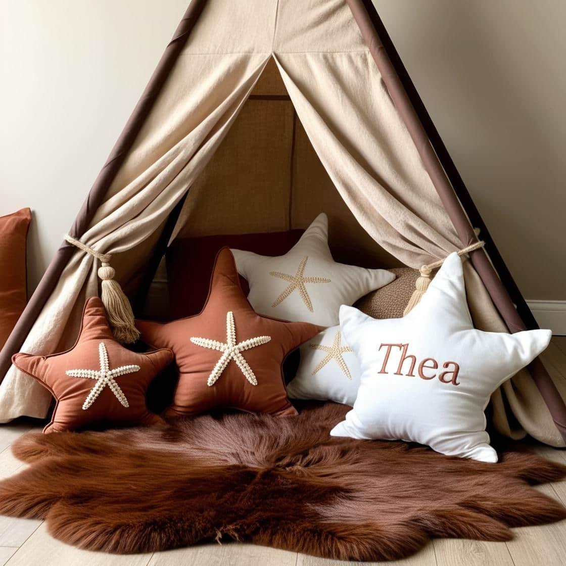 Une chambre de petite fille qui se nomme thea avec un lit tipi et il y a un tapis de fourrure coussins en forme d etoiles de mer thea est brode sur un coussin couleurs marron beige
