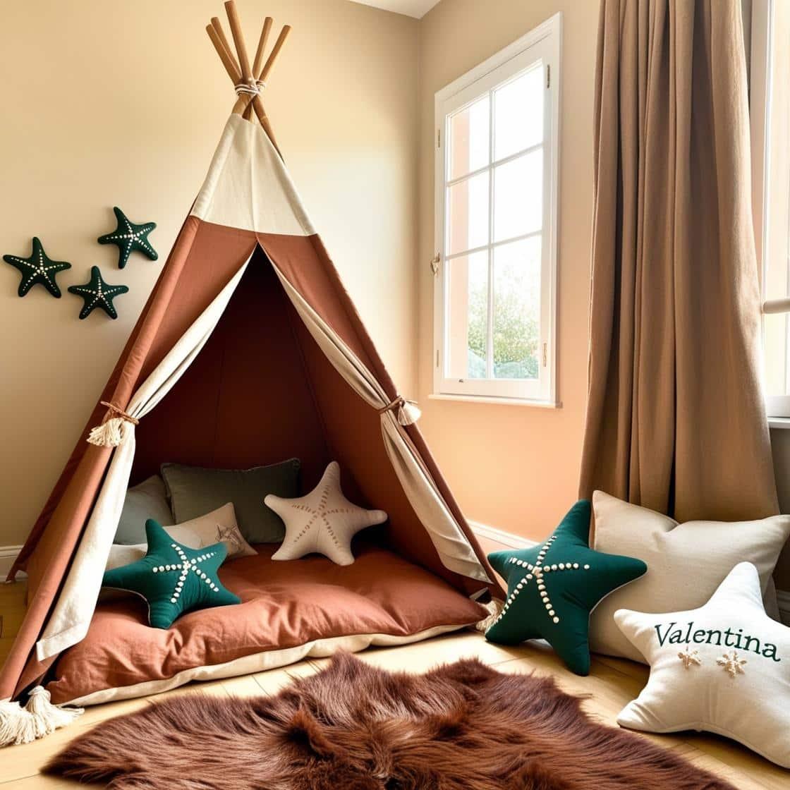 Une chambre de petite fille qui se nomme valentina avec un lit tipi et il y a un tapis de fourrure coussins en forme d etoiles de mer valentina est brode sur un coussin couleurs ma