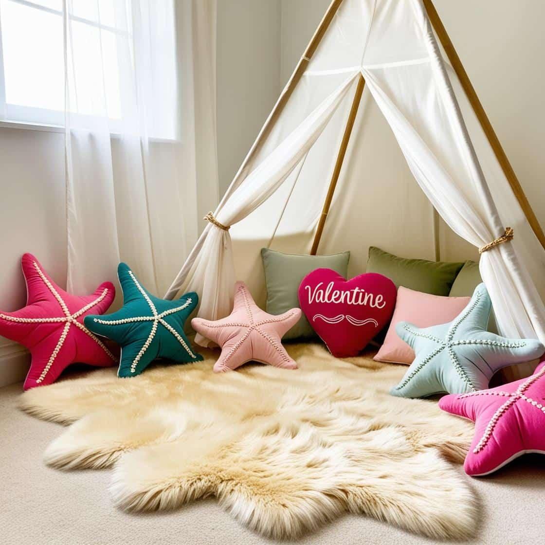 Une chambre de petite fille qui se nomme valentine avec un lit tipi et il y a un tapis de fourrure coussins en forme d etoiles de mer valentine est brode sur un coussin couleurs ve