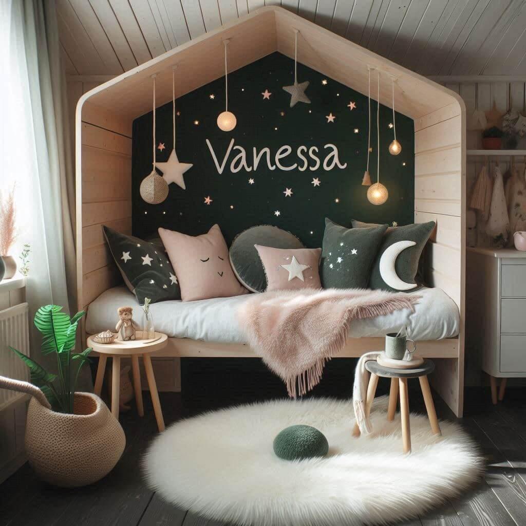 Une chambre de petite fille qui se nomme vanessa avec un lit cabane un tapis de fourrure style scandinave coussins en forme d etoiles coussins en forme de lune vanessa est brode su