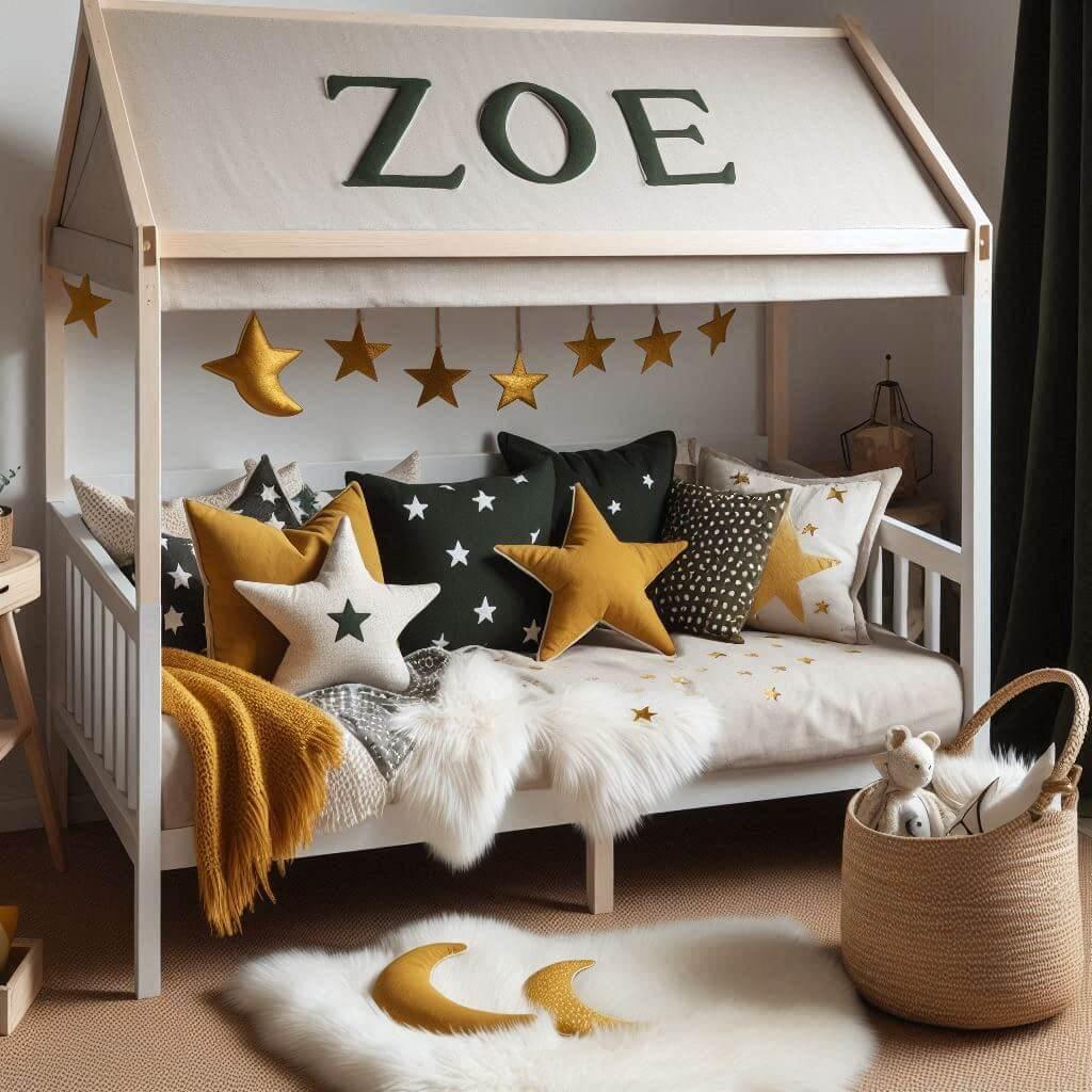 Une chambre de petite fille qui se nomme zoe avec un lit cabane un tapis de fourrure style scandinave coussins en forme d etoiles coussins en forme de lune zoe est brode sur un cou