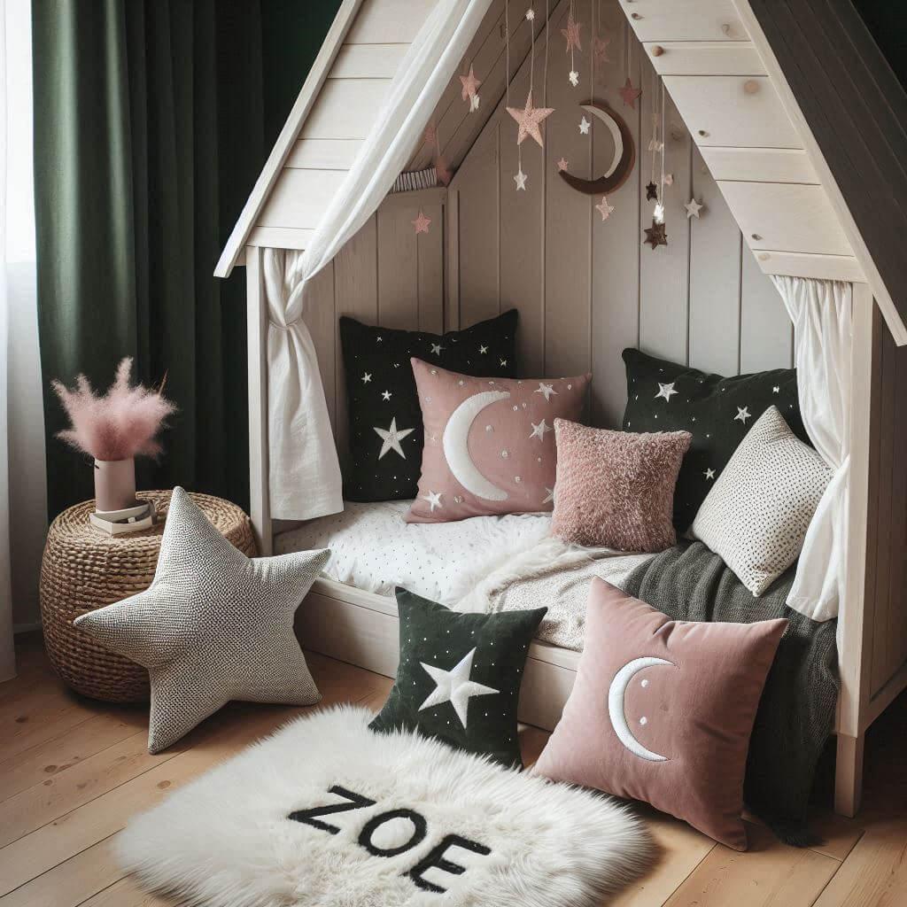 Une chambre de petite fille qui se nomme zoe avec un lit cabane un tapis de fourrure style scandinave coussins en forme d etoiles coussins en forme de lune zoe est brode sur un cou