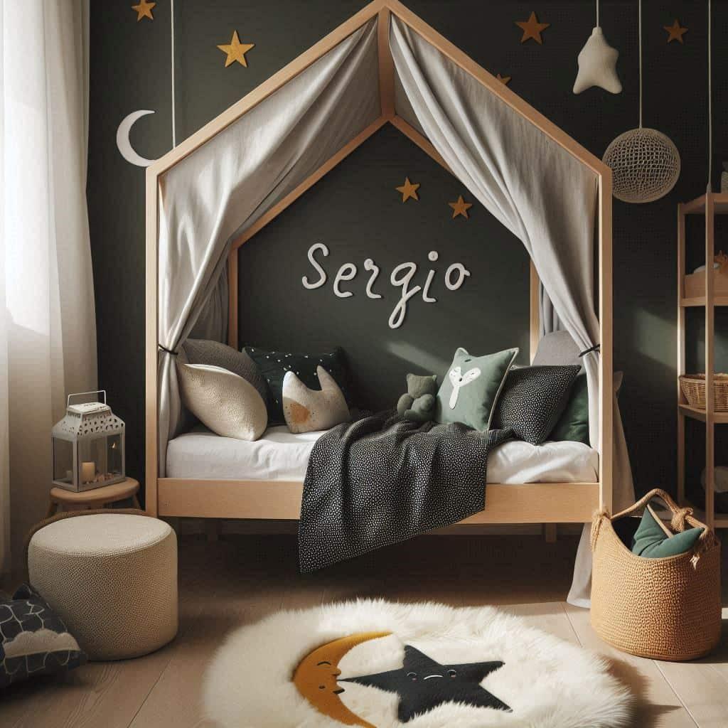 Une chambre de petite garcon qui se nomme sergio avec un lit cabane un tapis de fourrure style scandinave coussins en forme d etoiles coussins en forme de lune sergio est brode sur