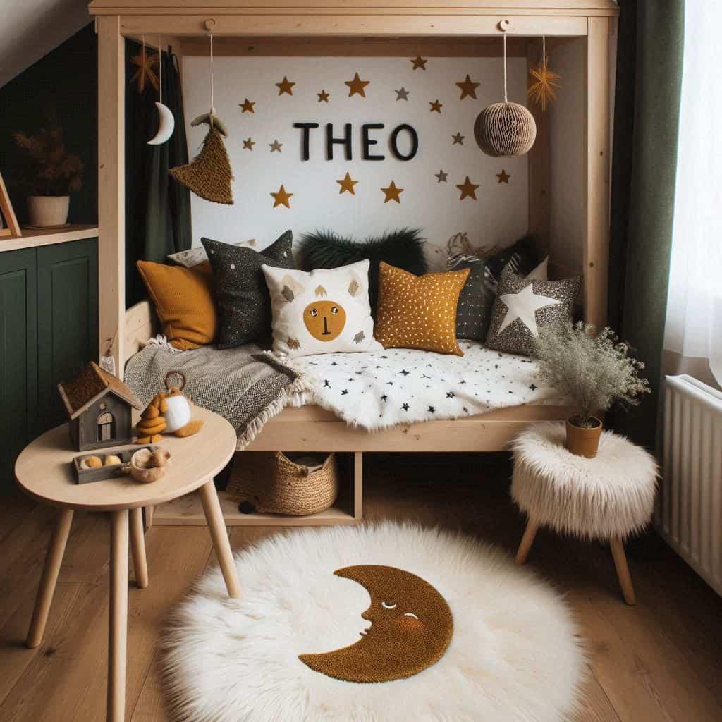 Une chambre de petite garcon qui se nomme theo avec un lit cabane un tapis de fourrure style scandinave coussins en forme d etoiles coussins en forme de lune