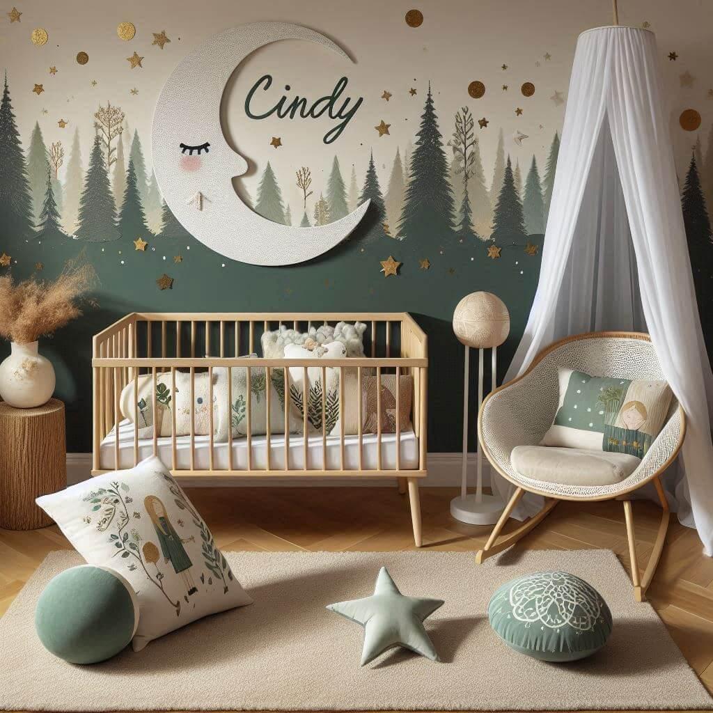 Une chambre denfant avec un berceau des coussins en forme de lune et detoiles un tapis moelleux ae theme des forets et de la nature celtique palette de couleurs vert foret brun ter