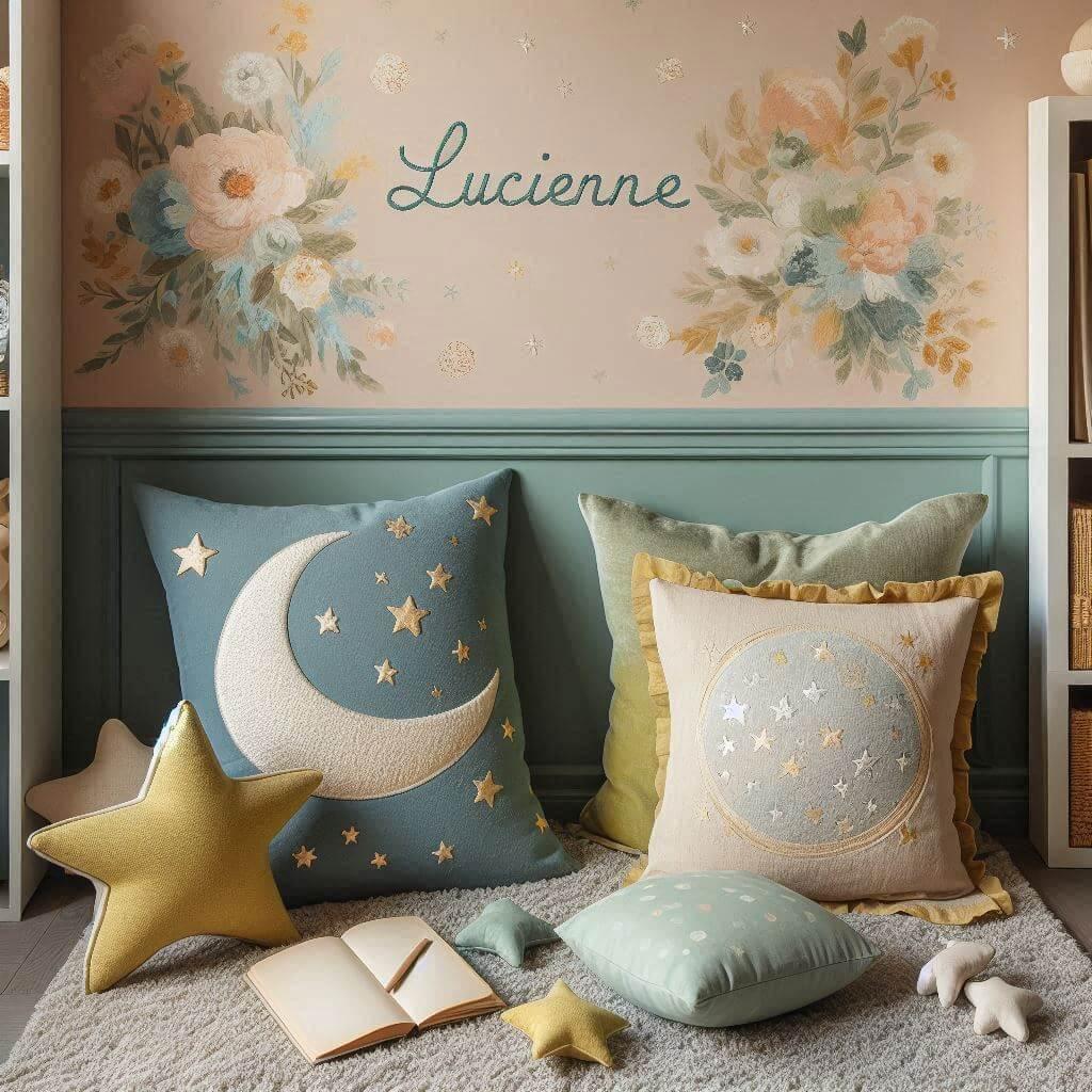 Une chambre denfant avec un coin jeu des coussins en forme de lune et detoiles un tapis moelleux avec des teintes douces comme le vert deau le bleu pale et le moutarde et le prenom