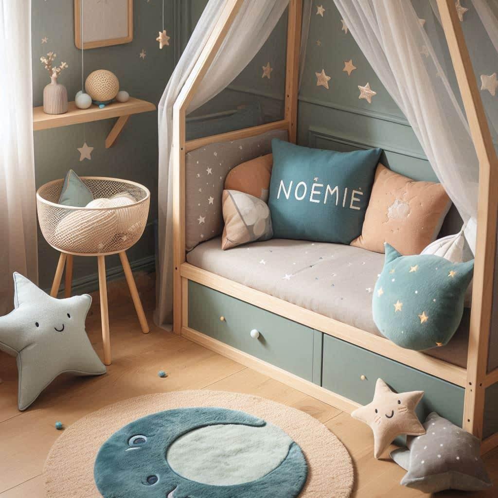 Une chambre denfant avec un lit cabane des coussins en forme de lune et detoiles un tapis moelleux avec des teintes douces comme le vert deau, prenom noémie