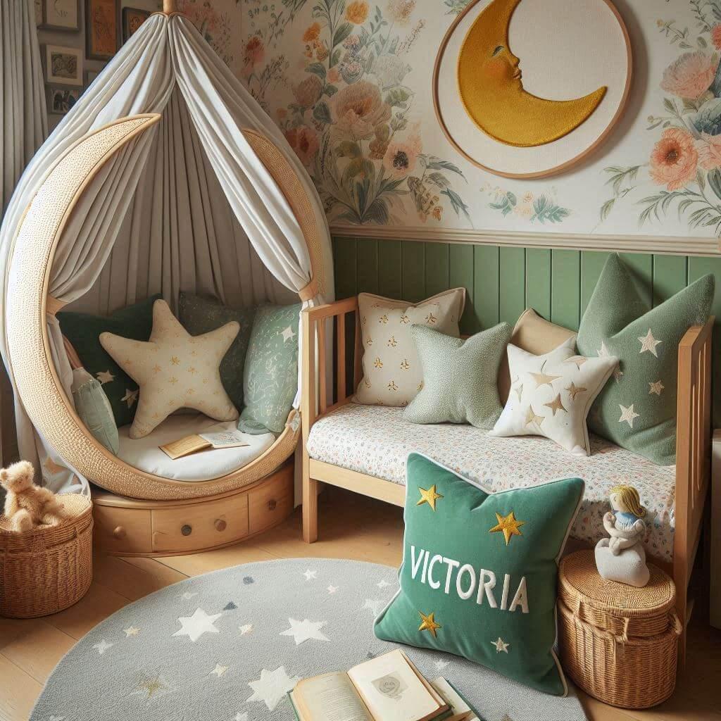 Une chambre denfant avec un lit cabane des coussins en forme de lune et detoiles un tapis moelleux avec des teintes douces comme le vert deau, prénom victoria