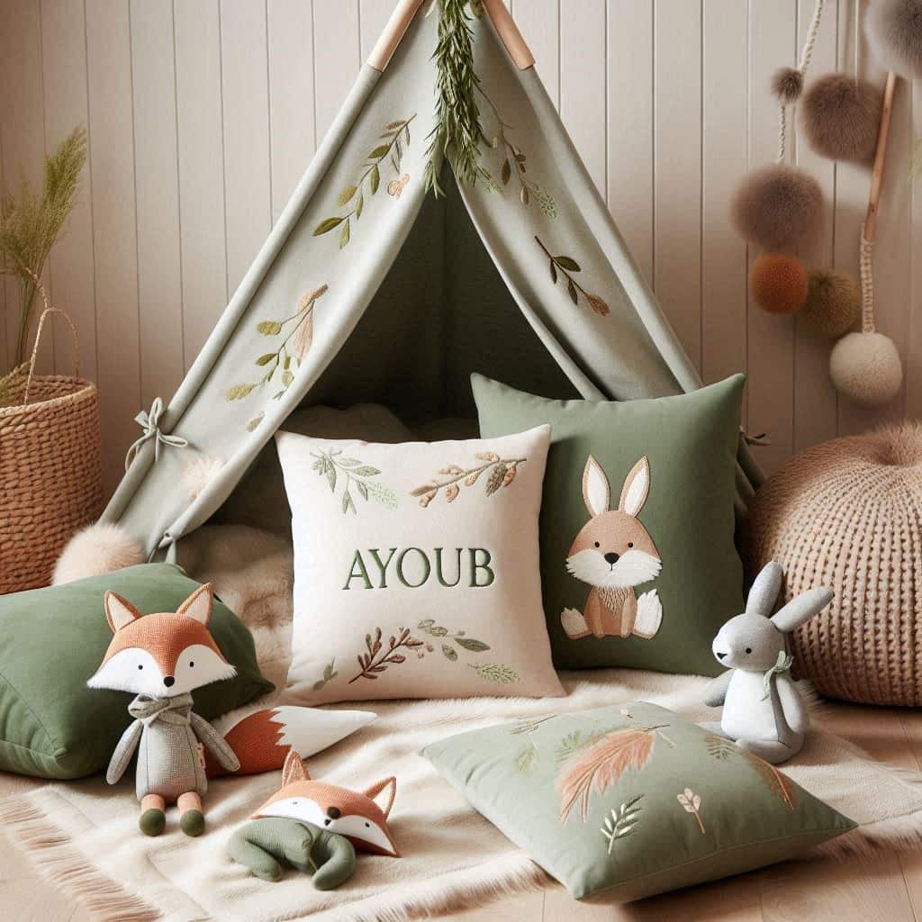 Une chambre douce et naturel inspire par la foret avec un tipi des coussins en forme de petits animaux de la foret comme des renards et des lapins des couleurs de vert et marron un