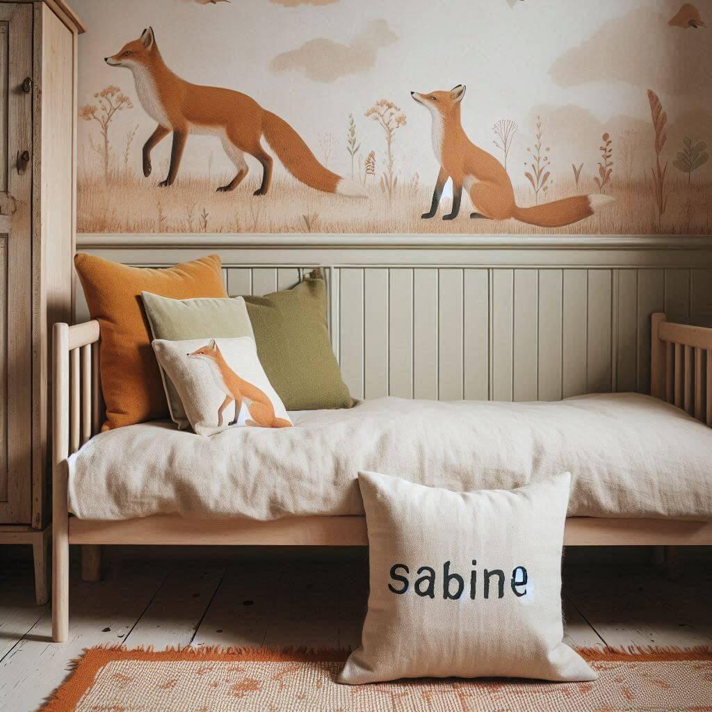 Une chambre rustique de petite fille au theme renard avec le prenom sabine ecrit a la main en francais sur un coussin en lin naturel le lit simple est accompagne d un papier peint