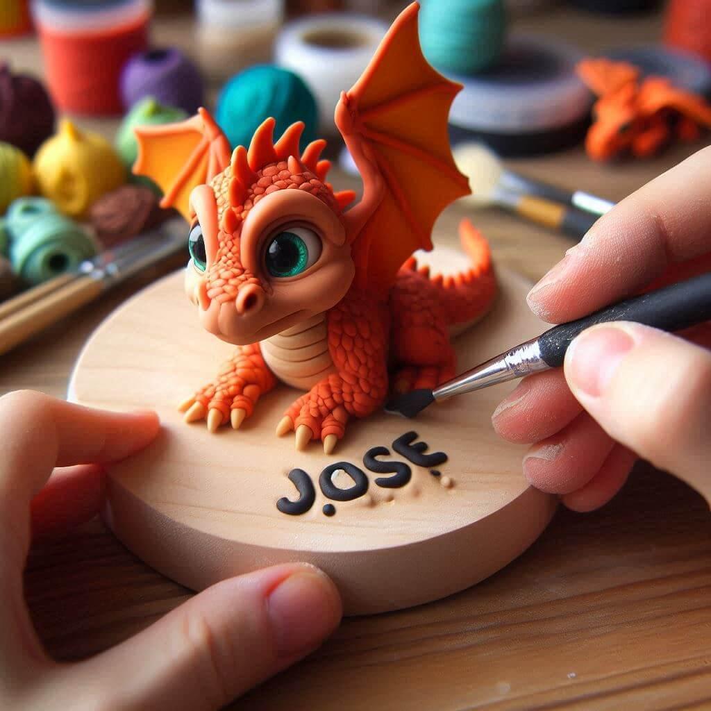 Une figurine bebe dragon en fimo avec le prenom jose avec les mains de la creatrice