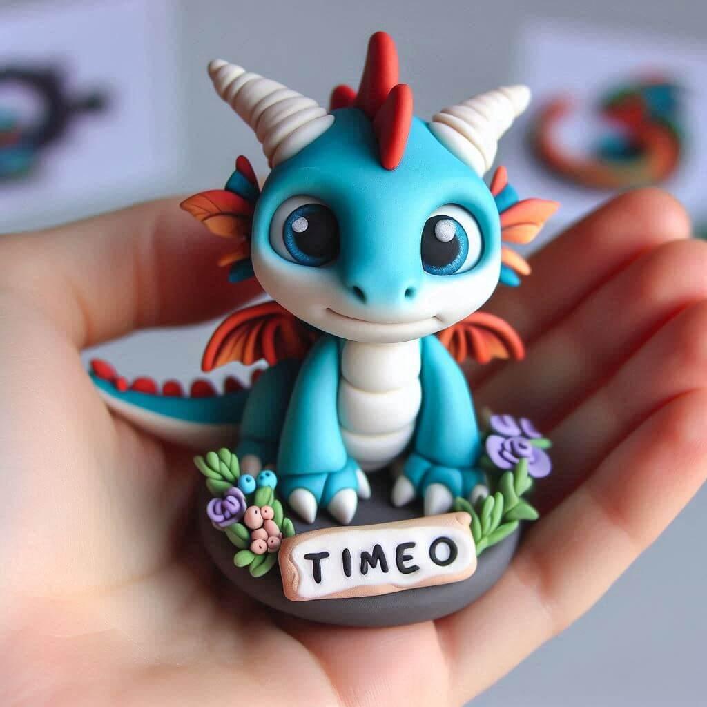 Une figurine en fimo d un petit dragon personnalise avec le prenom timeo