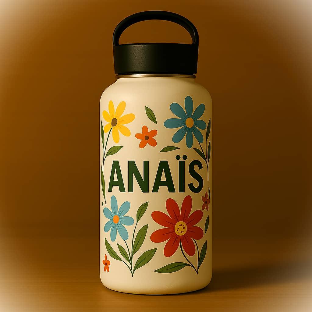 Une gourde avec le prenom anais theme fleuri