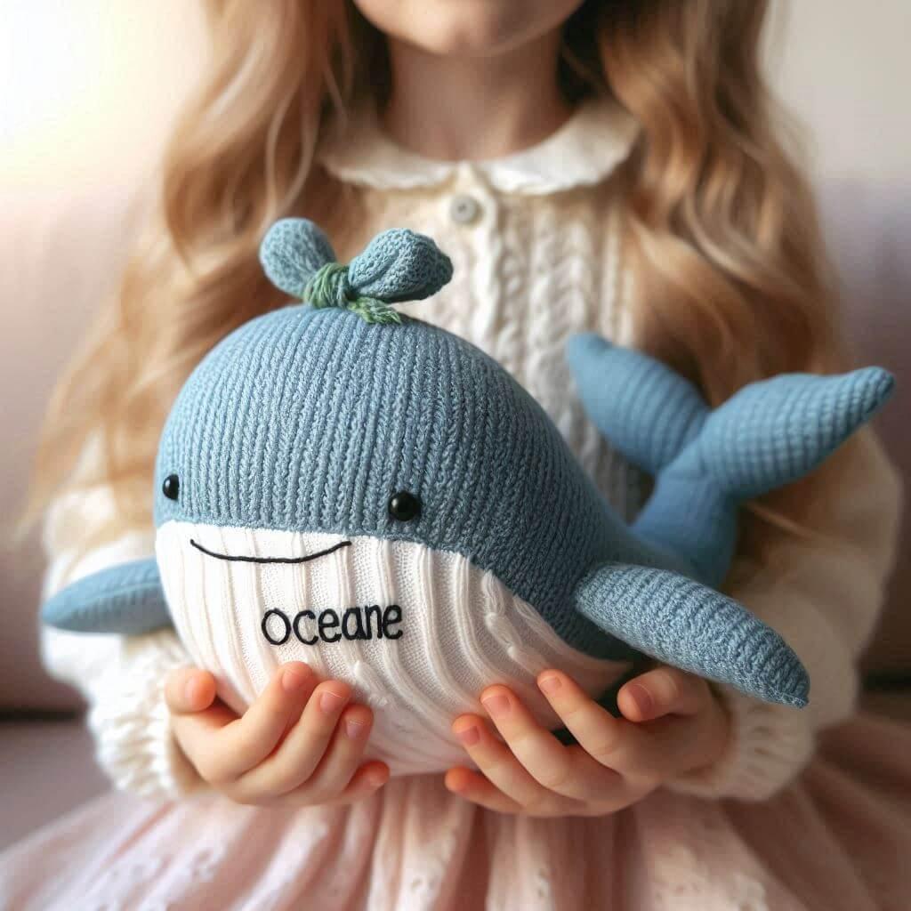 Une peluche baleine personnalisee avec le prenom oceane