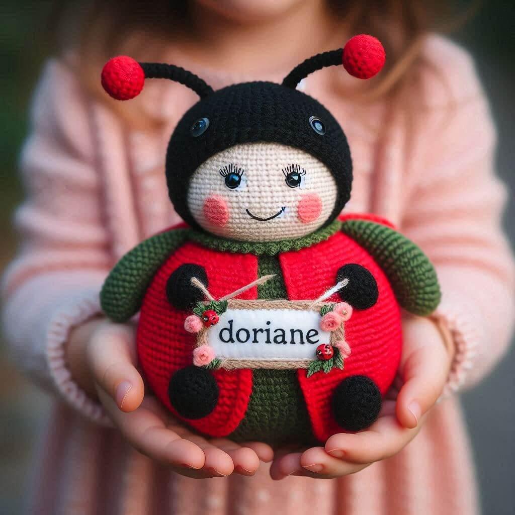 Une peluche coccinelle en tricotin avec le prenom doriane
