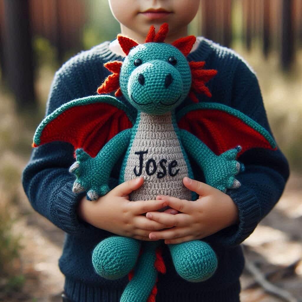 Une peluche dragon au crochet avec le prenom jose