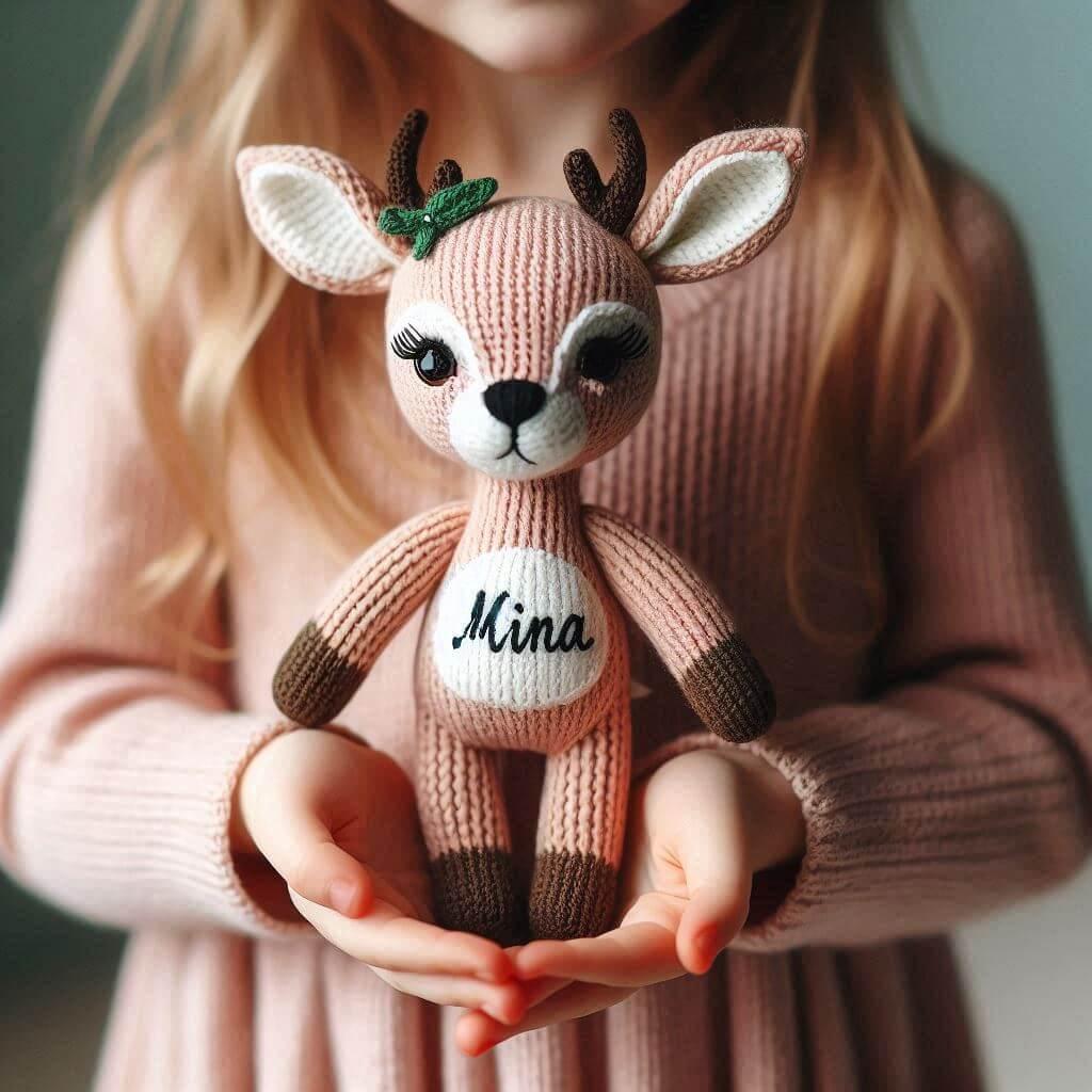 Une peluche faon au crochet personnalisee avec le prenom mina