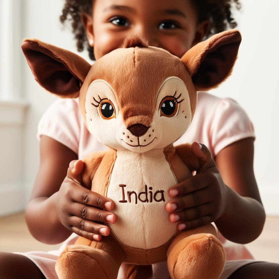 Une peluche faon avec le prenom india tenu dans les mains d un petite fille 1