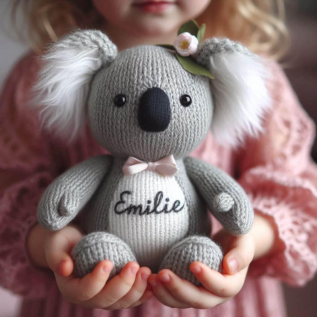 Une peluche koala en tricotin avec le prenom emilie