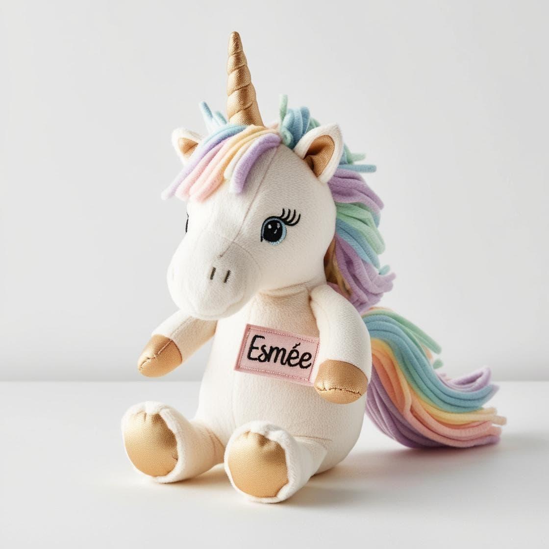 Une peluche licorne personnalisee avec le prenom esmee
