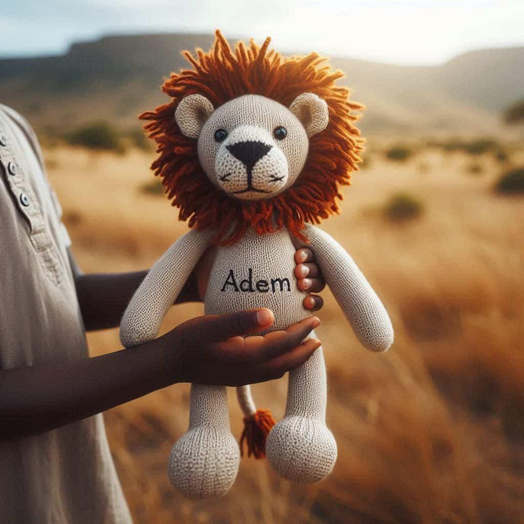 Une peluche lion en tricotin avec le prenom adem tenu dans les mains d un petit garcon