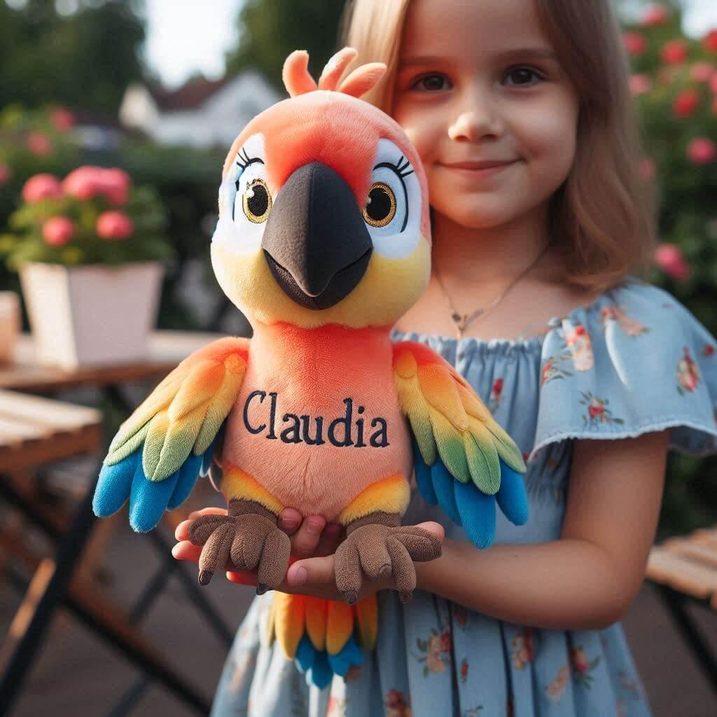 Une peluche perroquet avec le prenom claudia