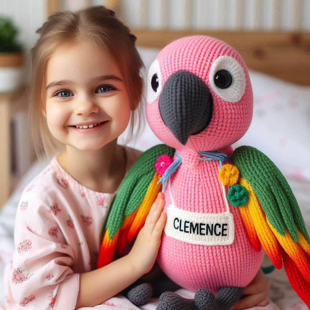 Une peluche perroquet en tricotin avec le prenom clemence