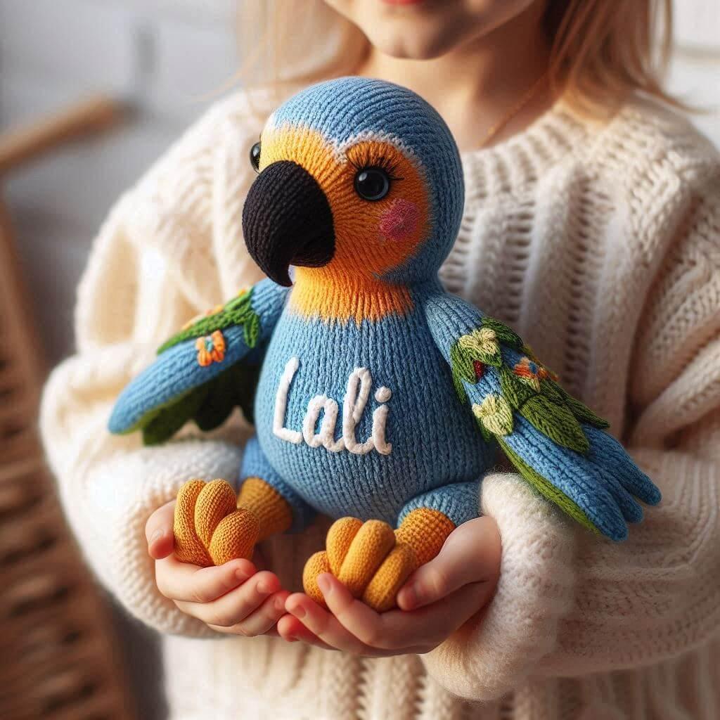 Une peluche perroquet en tricotin avec le prenom lali
