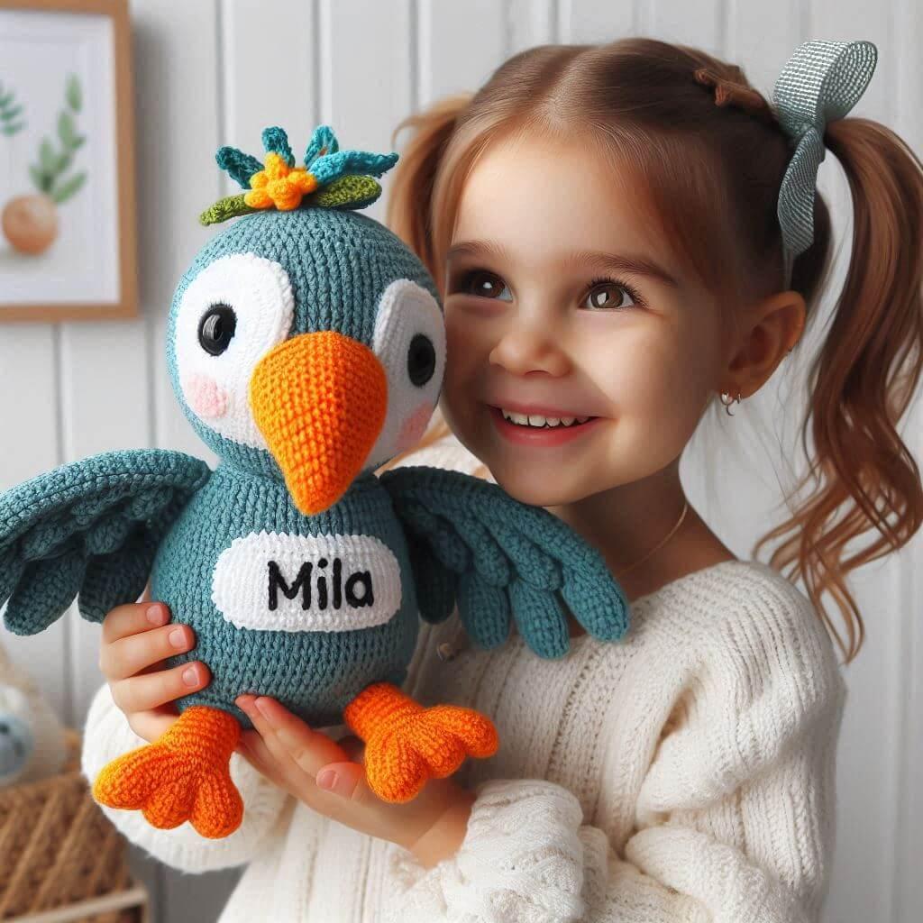 Une peluche perroquet en tricotin avec le prenom mila